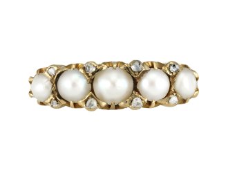 Pearl and diamond five stone ring, English, 1899. 