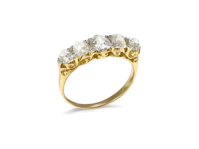 Victorian diamond five stone ring, circa 1900. 