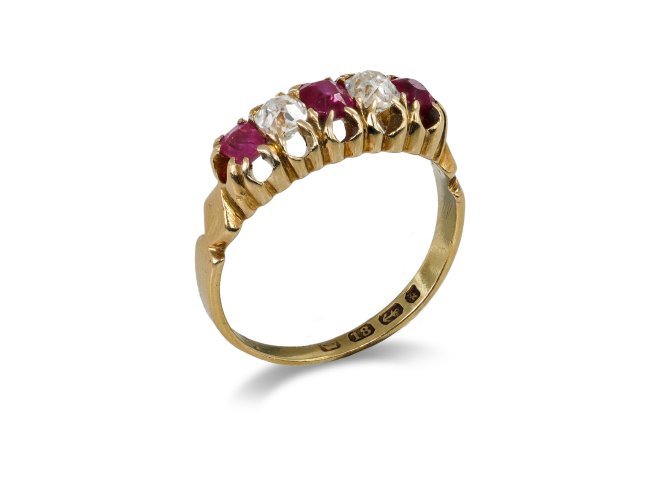 Victorian ruby and diamond five stone ring, English, 1884. 