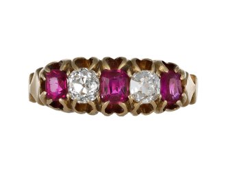 Victorian ruby and diamond five stone ring, English, 1884. 