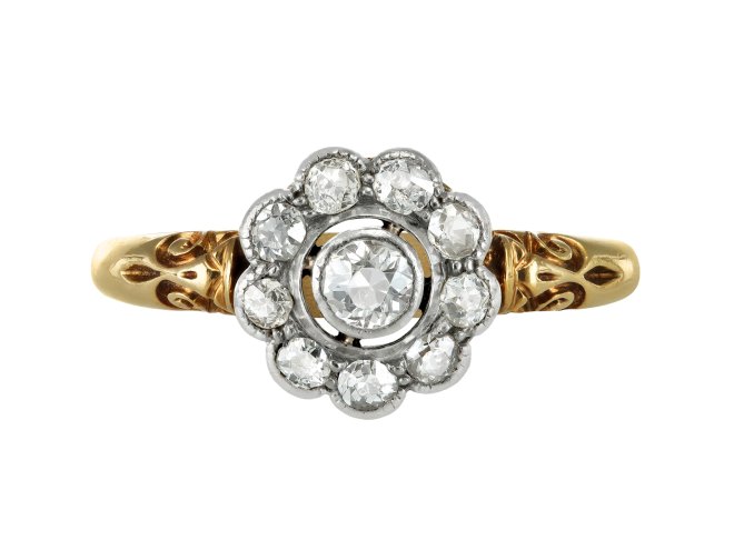 Diamond coronet cluster ring, English, circa 1905.