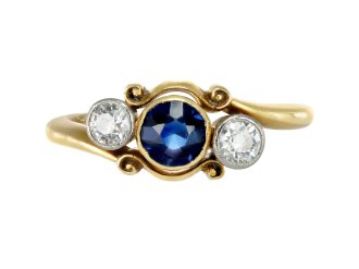 Sapphire and diamond three stone ring, circa 1905. 