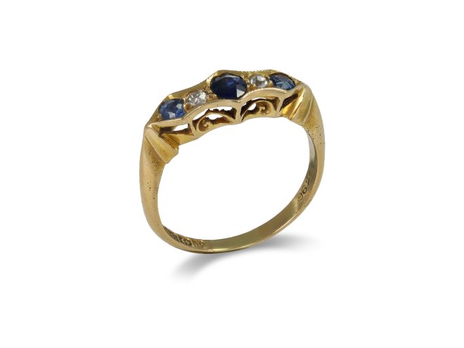 Sapphire and diamond five stone ring, English, 1914.