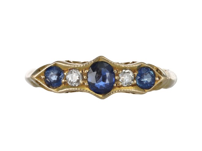 Sapphire and diamond five stone ring, English, 1914.
