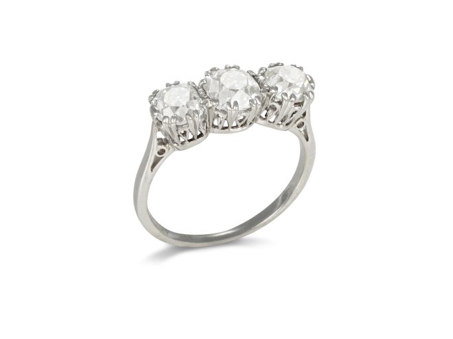 Old mine diamond three stone ring, circa 1920.