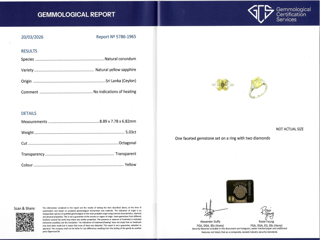Yellow Ceylon sapphire and diamond flanked solitaire ring. 