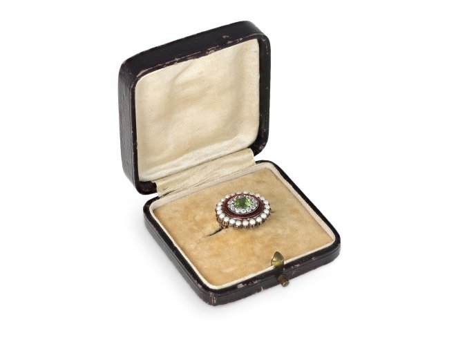 Demantoid garnet, diamond and pearl brooch, circa 1890.