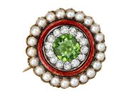 Demantoid garnet, diamond and pearl brooch, circa 1890.