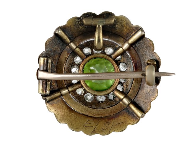 Demantoid garnet, diamond and pearl brooch, circa 1890.