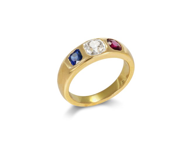 Diamond, sapphire and ruby gypsy ring, circa 1900.