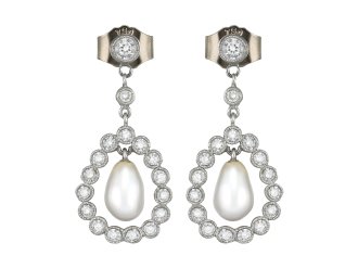 Natural pearl and diamond drop earrings, circa 1940.
