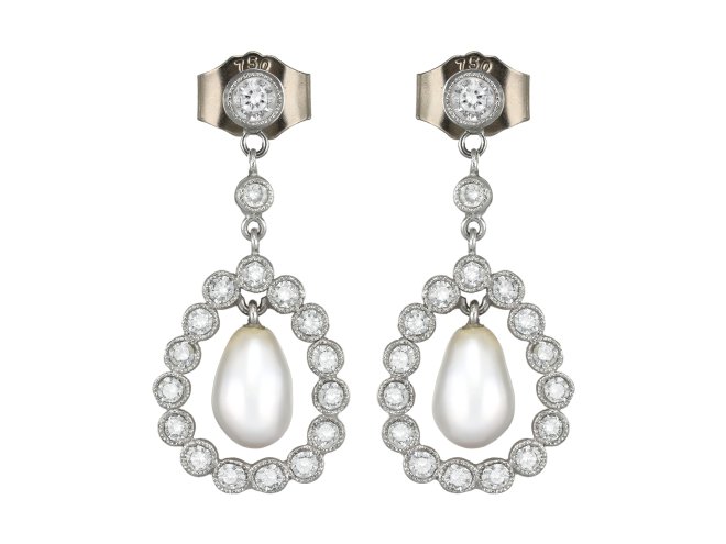 Natural pearl and diamond drop earrings, circa 1940.