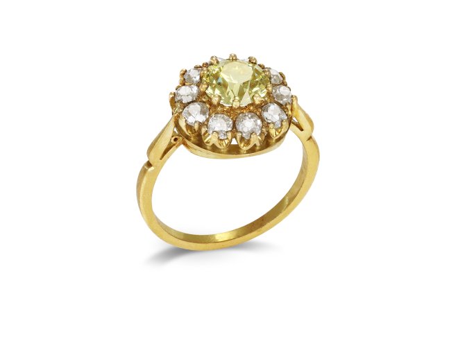 Fancy yellow diamond coronet cluster ring, circa 1900. 