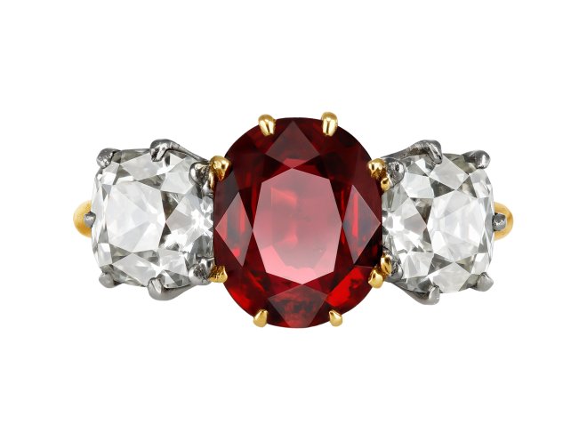 Burmese Spinel and Diamond three stone ring, early 20th Century. 