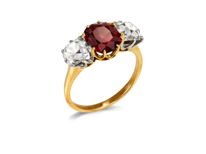 Burmese Spinel and Diamond three stone ring, early 20th Century. 