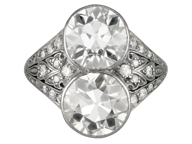 6.25 carat old mine diamond two stone ring, circa 1910.