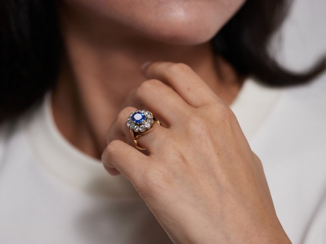 Ceylon sapphire and diamond coronet cluster ring, circa 1890.