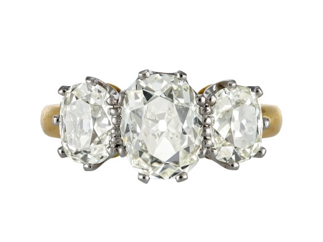 Edwardian diamond three stone ring, circa 1905.