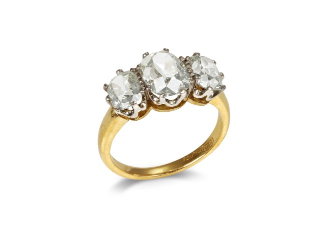 Edwardian diamond three stone ring, circa 1905.