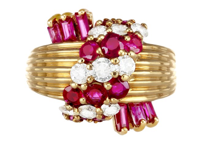 Kutchinsky ruby and diamond ring, English, circa 1970.
