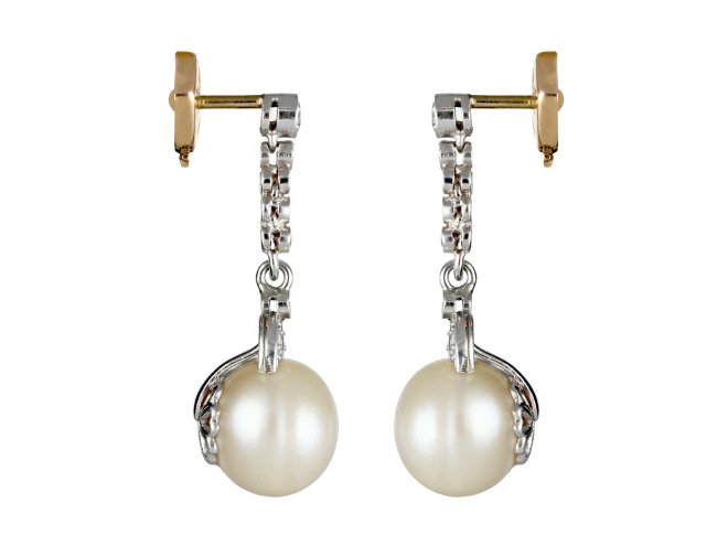 Natural pearl and diamond drop earrings, circa 1915.