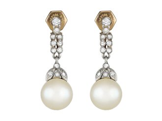 Natural pearl and diamond drop earrings, circa 1915.