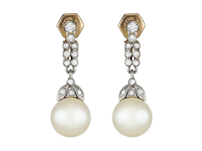 Natural pearl and diamond drop earrings, circa 1915.