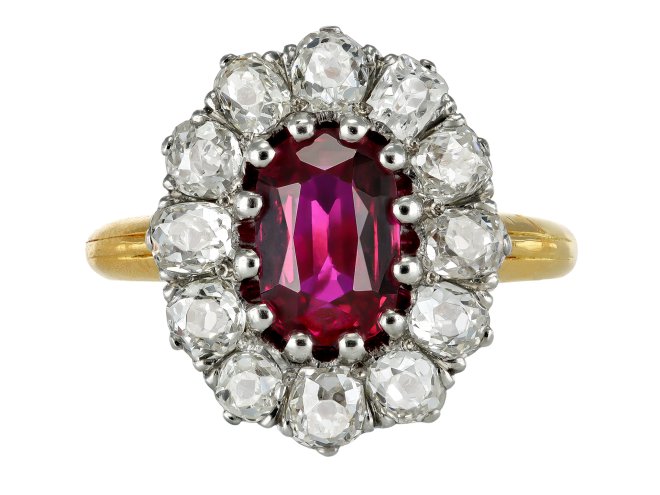 Antique Burmese ruby and diamond coronet cluster ring, circa 1905