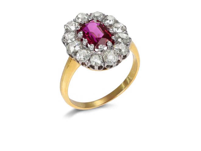 Antique Burmese ruby and diamond coronet cluster ring, circa 1905