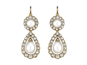 Natural Pearl and diamond convertible drop earrings, circa 1900. 