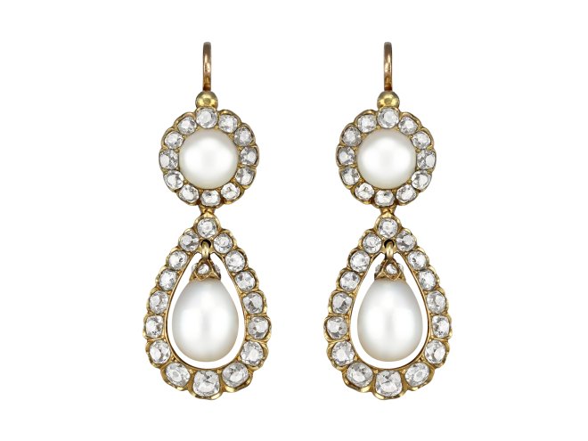 Natural Pearl and diamond convertible drop earrings, circa 1900. 