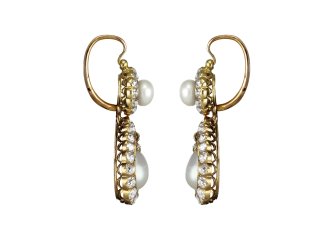 Natural Pearl and diamond convertible drop earrings, circa 1900. 