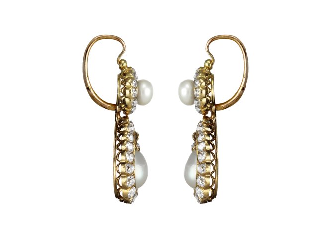 Natural Pearl and diamond convertible drop earrings, circa 1900. 