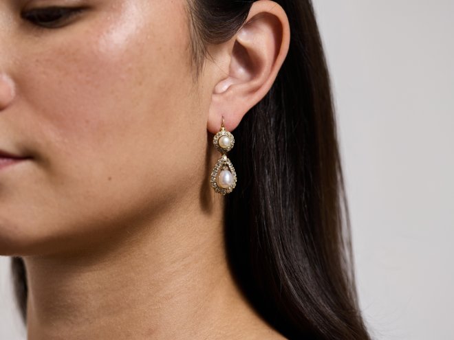 Natural Pearl and diamond convertible drop earrings, circa 1900. 