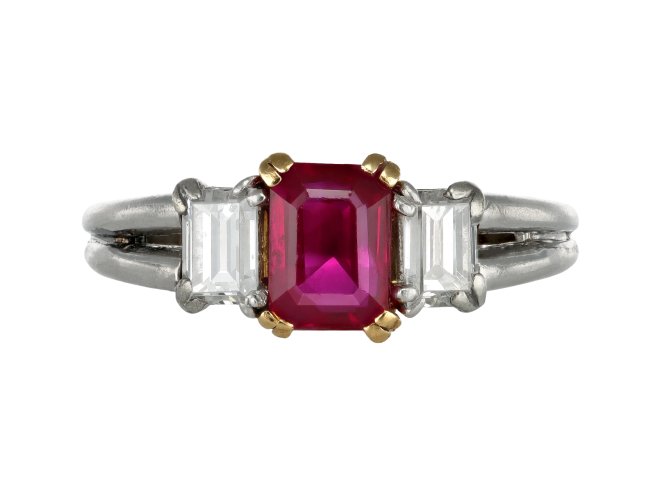 Chaumet Burmese ruby and diamond three stone ring, circa 1980.