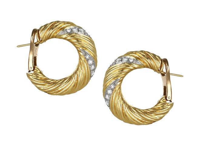 Kutchinsky diamond hoop earrings, English, circa 1970. 