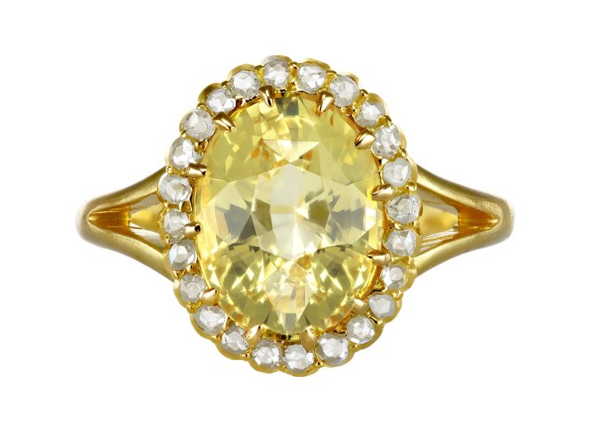 Yellow sapphire and diamond coronet cluster, circa 1910.