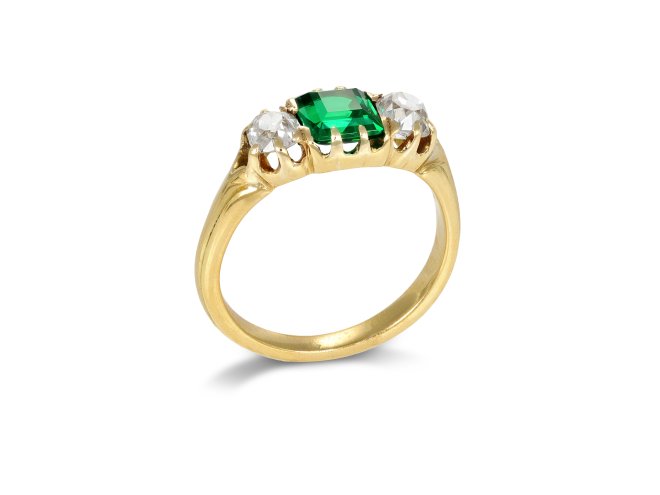 Colombian emerald three stone ring, circa 1900. 