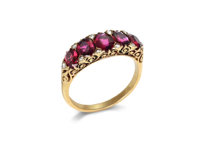 Victorian ruby five stone ring, circa 1890. 