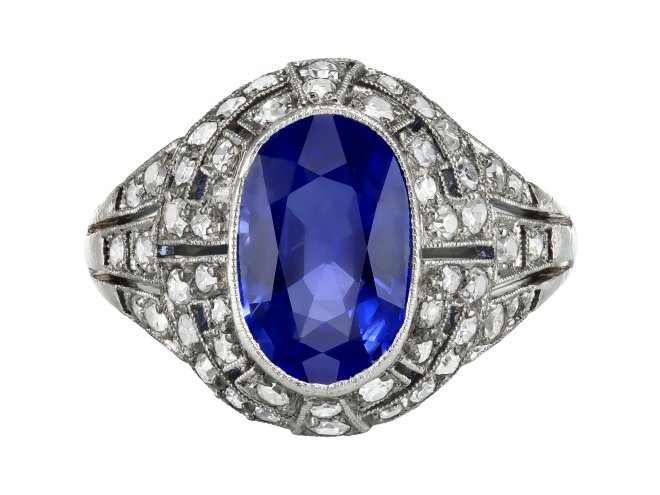 Burmese Sapphire and diamond cluster ring, French, circa 1920. 