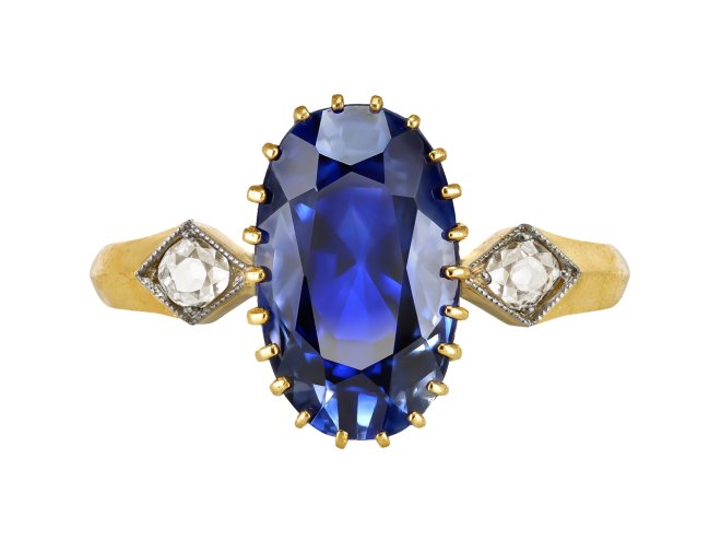 Ceylon sapphire and diamond three stone ring, early 20th century.