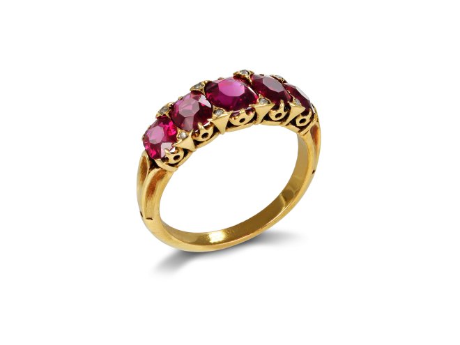 Burmese ruby five stone ring, circa 1900.