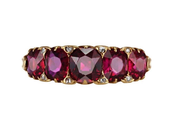 Burmese ruby five stone ring, circa 1900.