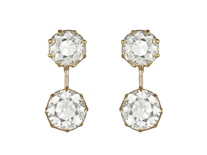Diamond drop earrings, circa 1905. 