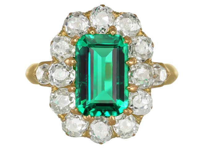 Colombian emerald and diamond coronet cluster ring, French, circa 1900.