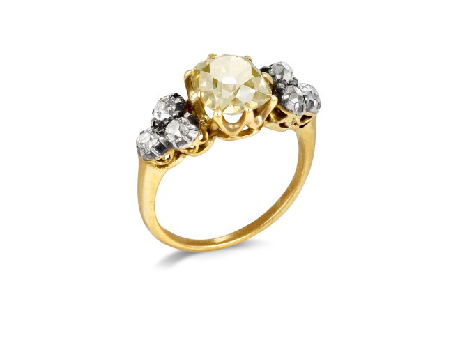 Fancy brownish yellow diamond ring, circa 1890. 