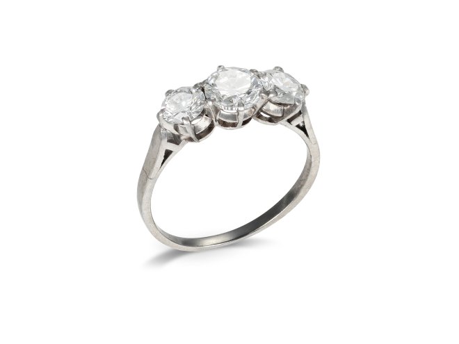 Diamond three stone ring, circa 1940.