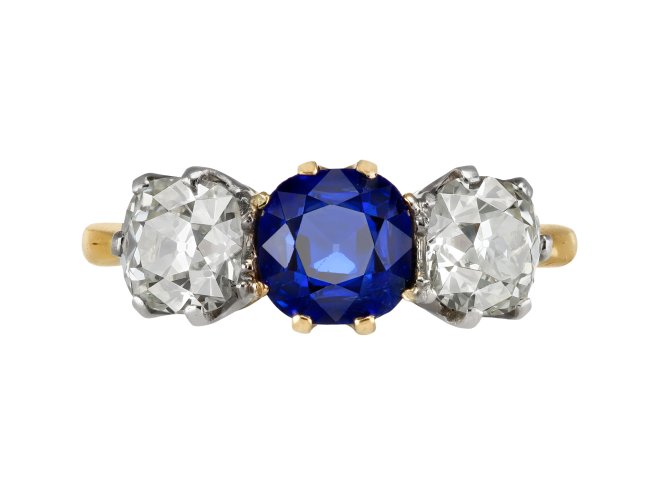 Burmese sapphire and diamond three stone ring, circa 1910.
