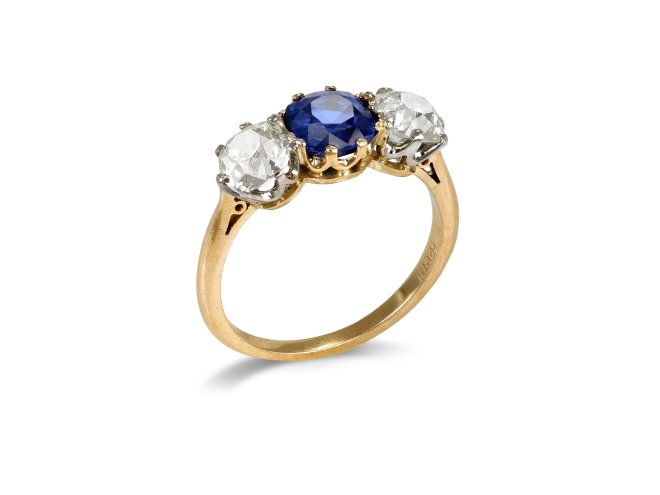 Burmese sapphire and diamond three stone ring, circa 1910.