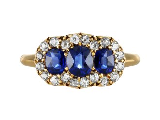 Sapphire and diamond triple cluster ring, English, circa 1890. 